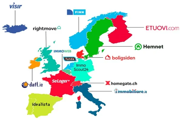Europeiske land med logoen til en ledende eiendomsside